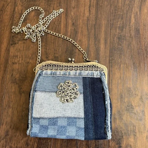 Crossbody Bag Womens Small Blue Denim Patchwork Rhinestone Kiss Lock Retro Remix