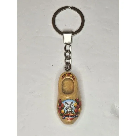 Varnished Tulip Wooden Shoe Keychain Windmill Holland