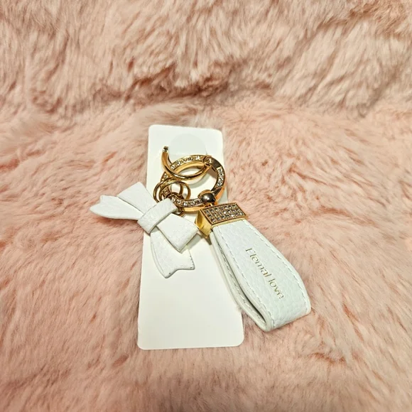 Eternal Love White Leather Rhinestone Keychain Bag Charm