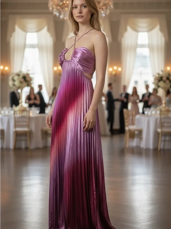 Pleated Metallic Pink Ombre Maxi Dress Size Small