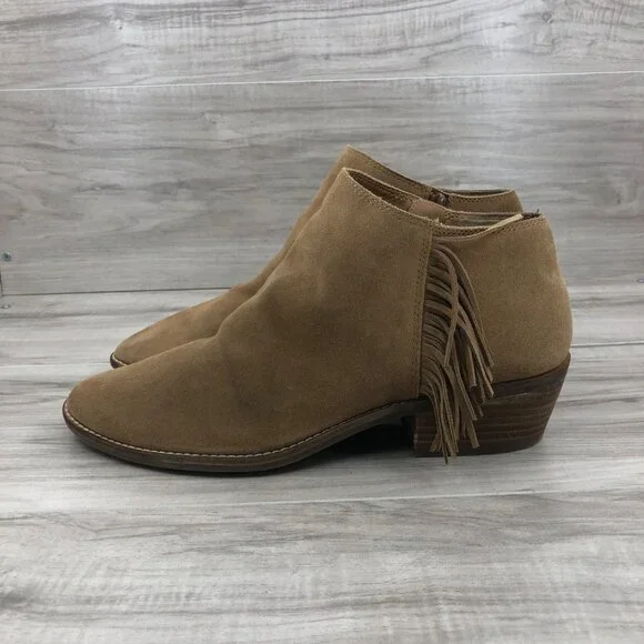 Lucky Brand Ankle Boots Women's11 Felisie Tan Suede Fringe Zip Booties