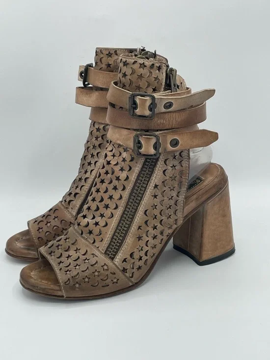 Freebird by Steven Theresa Tan Leather Distressed Laser-Cut Block Heel Sandal.