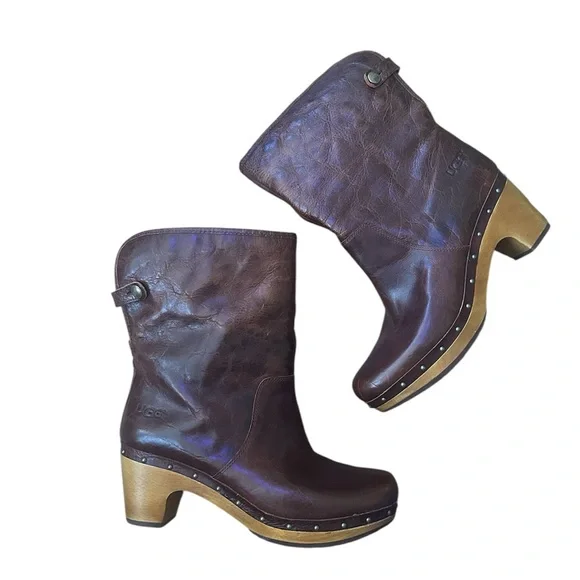 UGG Australia Brown Lynnea 1958‎ Shearling Clog Boots Wood Heel Sz 9