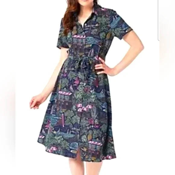 D&Co Denim And Company Tropical Print Midi Tie Belt‎ Shirt Dress Size 1X