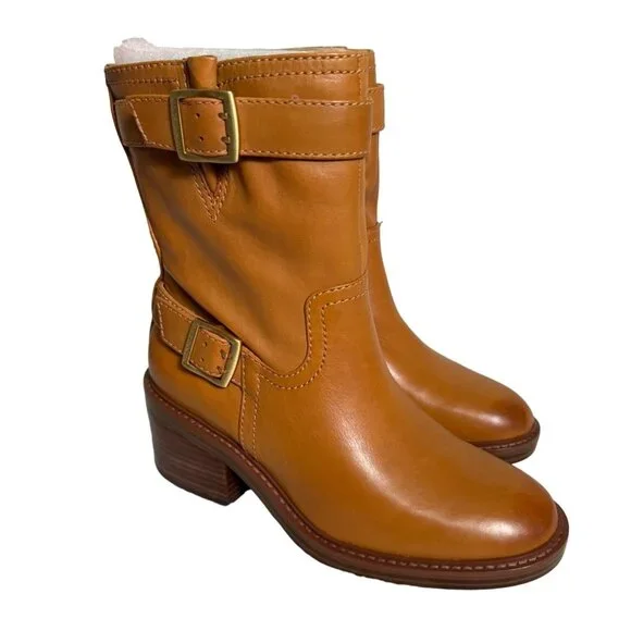 Vince Camuto Womens‎ Vergila Leather Moto Boots Golden Walnut Size 6 1/2