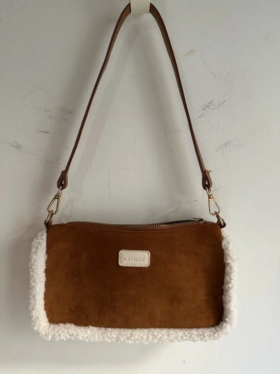 Bearpaw Faux Suede Sherpa Trim Shoulder Bag Brown Cream Y2K Baguette Purse