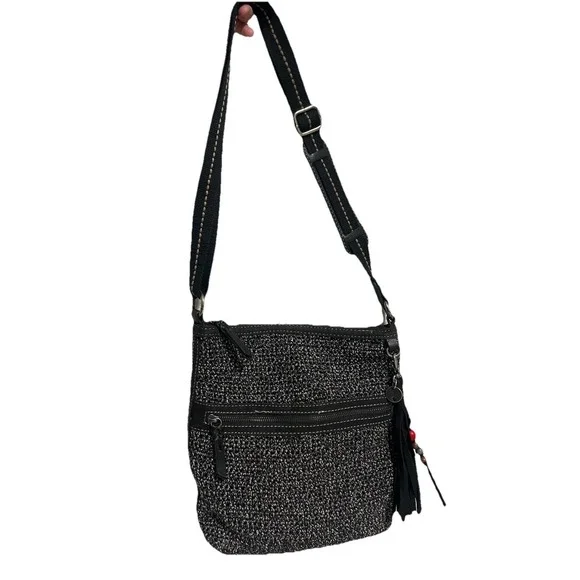 The Sak Crochet Crossbody Bag Black Knit Woven Purse w/ Tassel–Adjustable Strap
