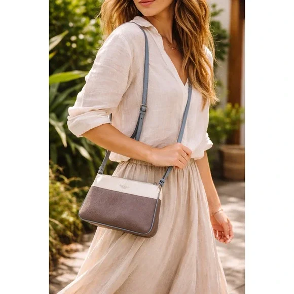 Kate Spade New York Crossbody Bag Taupe Cream Blue Zip Top Leather