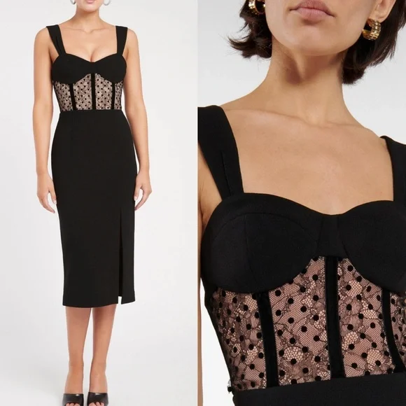 NEW REBECCA VALLANCE Teigan crêpe bustier midi dress US 10. In black