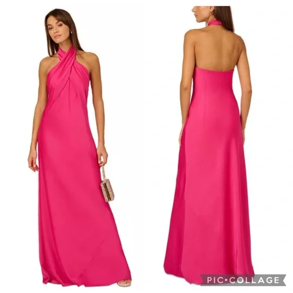 Adrianna Papell Stretch Satin Halter Gown Hot‎ Pink 10