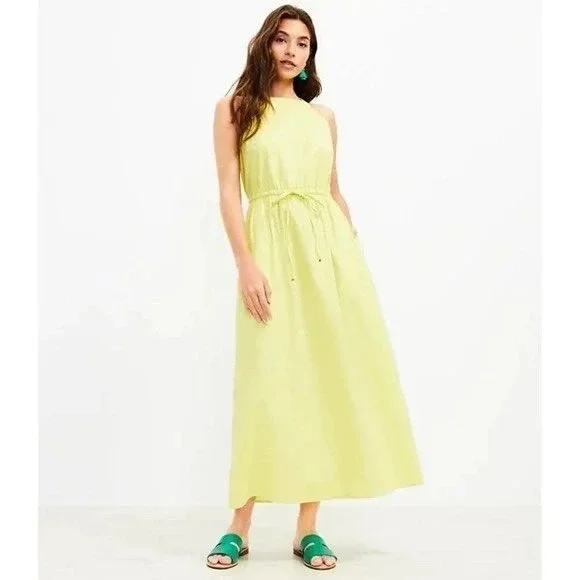 LOFT Cotton Glowing Lime Yellow Halter Midi Dress Drawstring Waist Size Medium