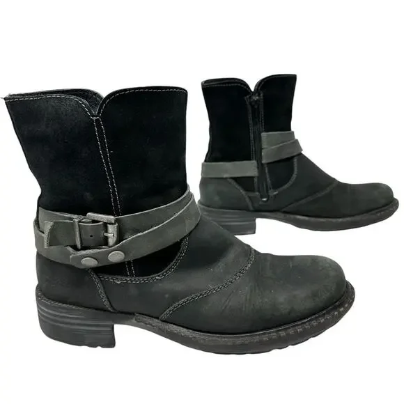 Bos. & Co. Devon Ankle Boots Womens 40/ 9.5 Black Leather Moto Harness Chunky