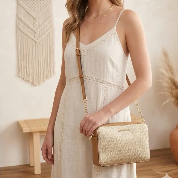 Michael Kors Jet Set Large East West Crossbody Bag Metallic Gold Signature NWT