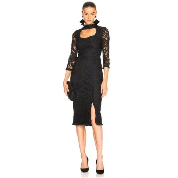 Alexis Fiorenza Guipure Lace Navy Black Mock Neck Midi Length Dress