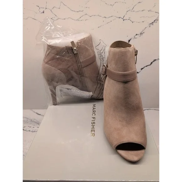 NWB Marc Fisher Size 8‎ M Shimmee Peep Toe Suede Light Brown Tan Heeled Bootie