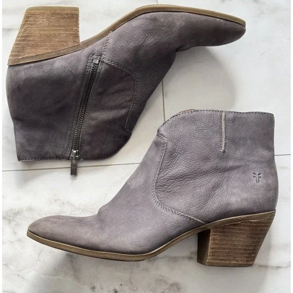 Frye Women Jennifer Heeled Bootie Ankle Leather Gray Zipper Almond Toe Sz 10M