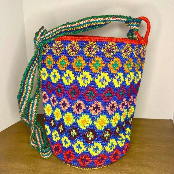 NEW Boho Multicolor‎ Bucket Bag Woven Sun Bottom Adjustable Strap Bohemian