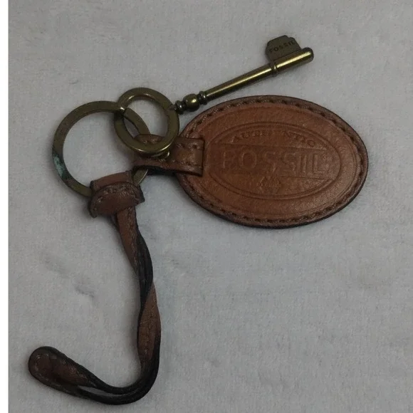 Fossil Brown Leather Oval Logo Fob Brass Skeleton Key Bag Charm Keychain