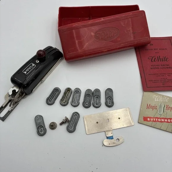 Vintage White Magic Key Buttonholer Set with bakelite Case and Manuals&Templates