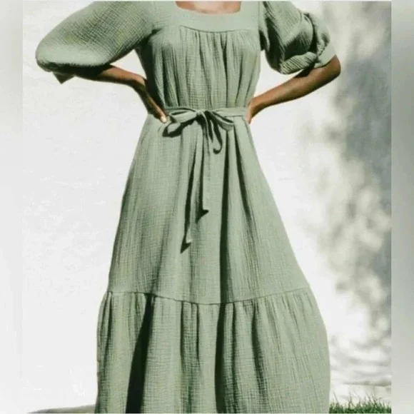 Christy Dawn Bianca Organic Cotton Gauze Midi Dress Sage Green Tiered S