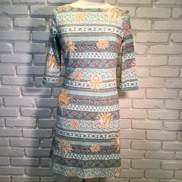 J. McLaughlin 3/4 Sleeve Boat Neck Dress in Sun Medallion Small