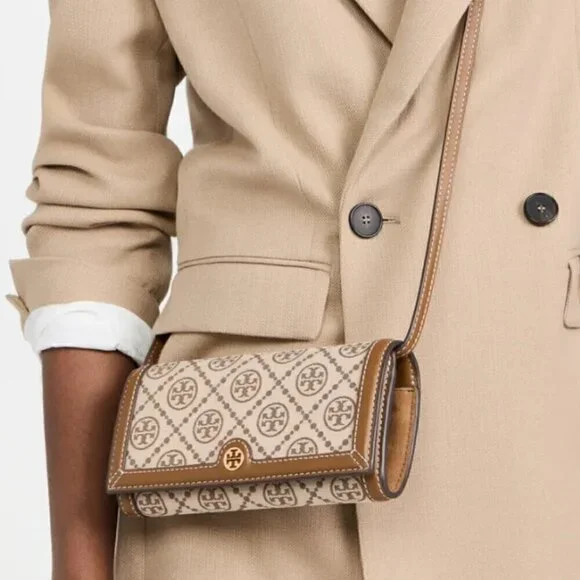 NEW! Tory Burch T Monogram Jacquard Wallet Crossbody -Hazelnut