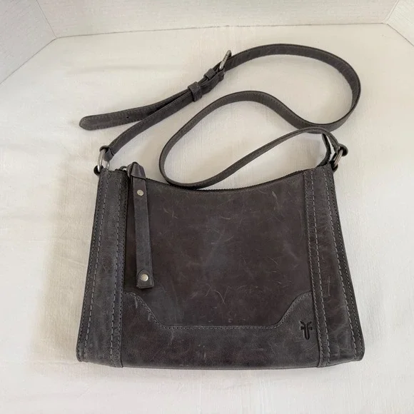 Frye MELISSA Crossbody Distressed Grey Carbon Adjustable Strap Zip Top