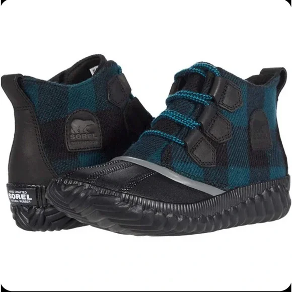 NWT/NIB Sorel Out and About Plus Black/Blue Plaid Waterproof Ankle Boots (7.5)