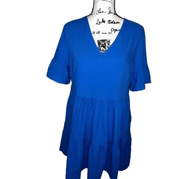 Fancyinn Dress Sz M Short Sleeve Cotton V-Neck Knee Length‎ Royal Blue