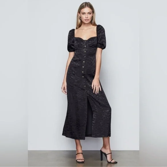 Good American Black Animal Print Button Front Puff Sleeve Corset Maxi Dress M