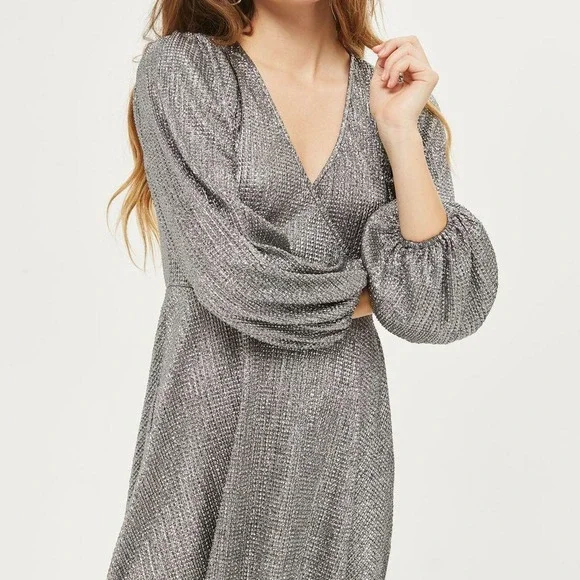 Topshop Silver Metallic Wrap Skater Dress Size US 8 EUR 40 UK 12 Long Sleeve