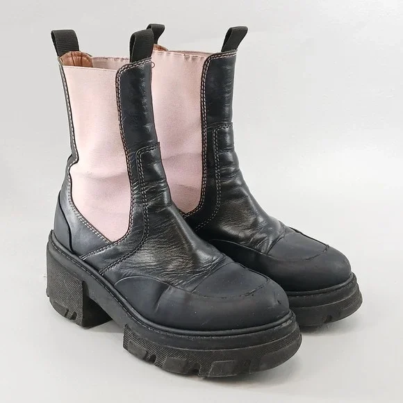 Ganni Chunky Chelsea Boots Womens 37 Black Pink Leather Platform Lug Sole