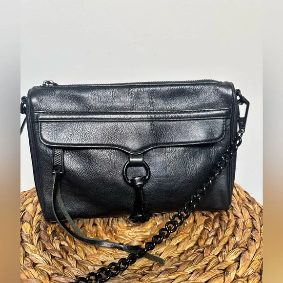 Rebecca Minkoff black leather crossbody gunmetal hardware zipper top