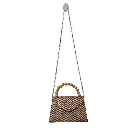 Woven Chevron Crossbody Bag‎ Small Multi Color Boho Wood Bead Handle Casual