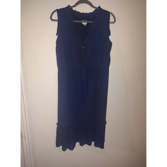 A New Day Womens Navy Blue Pleated Sleeveless Ruffle V-Neck Dress Small