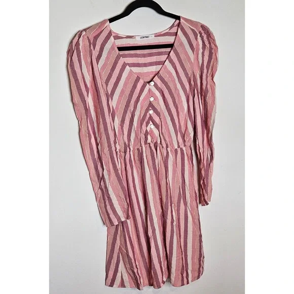 Revolve Self Contrast‎ Striped Mini Dress V Neck Long Sleeve Pink Purple Small