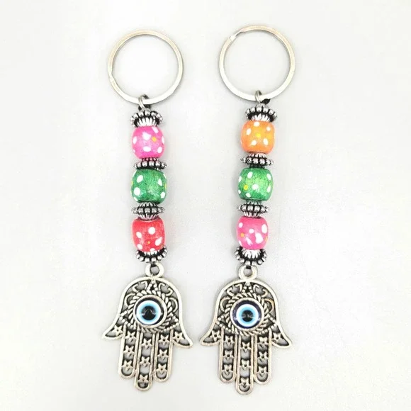 Set of 2 Hamsa Hand Evil Eye Beaded Keychains Colorful Dangle Charms‎