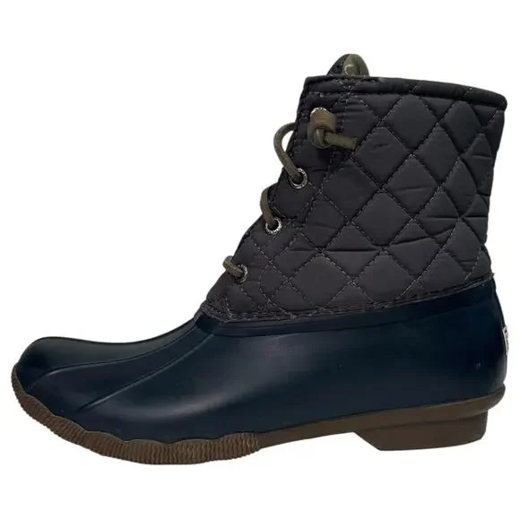 Sperry Saltwater Duck Boots Womens 9 Gray Navy Quilted Rubber Outdoor STS9327F