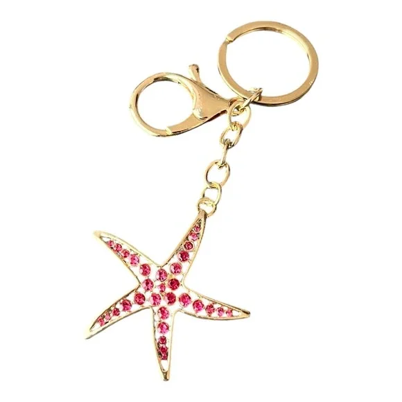 Women's Gold Tone Pink Rhinestone Starfish Key Chain 4
