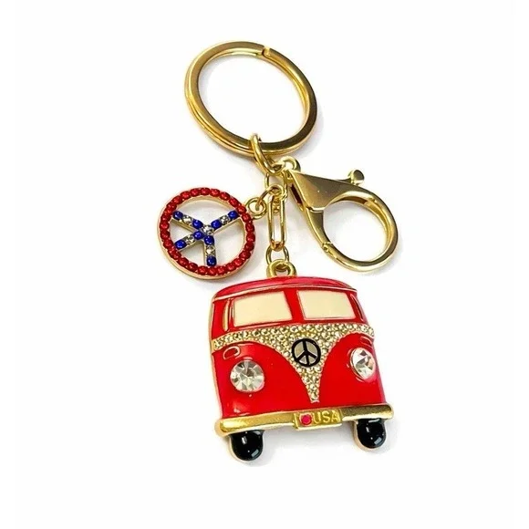 Red Hippie USA Peace Van Gold Tone Keychain Purse Charm Rhinestone & Metal Clip