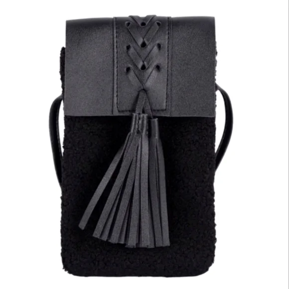 NWT Small Crossbody. Black faux leather, sherpa.