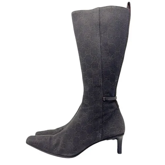 Gucci Boots Knee High Tall Brown Monogram GG‎ Logo Western Cowboy Heels 37.5