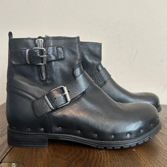 Black Leather Moto Ankle Boots Womens 38