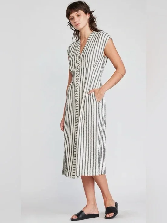 Anthropologie Self Contrast Striped Button-Front Midi Dress in Black and Cream M
