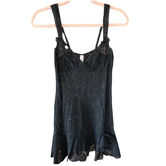 Vintage Retro 80’s Elegant Black Lace Chemise Slip Nightwear Dress Medium