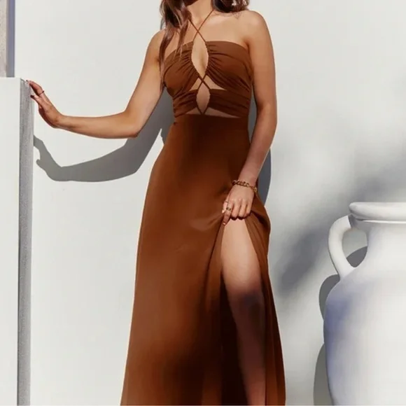 Runway the Label Jayden Brown Strappy Cutout Maxi Dress Size 10 Wedding Party