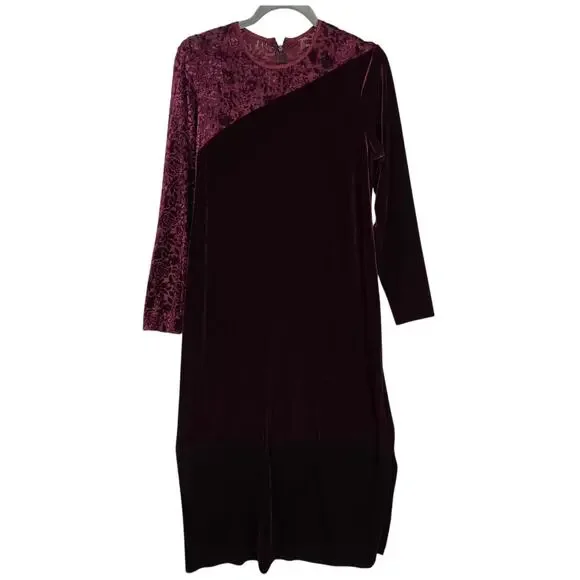 Coldwater Creek Vtg Velvet Lace Burgandy Midi Dress 10 Long Sleeve Romantic Vamp