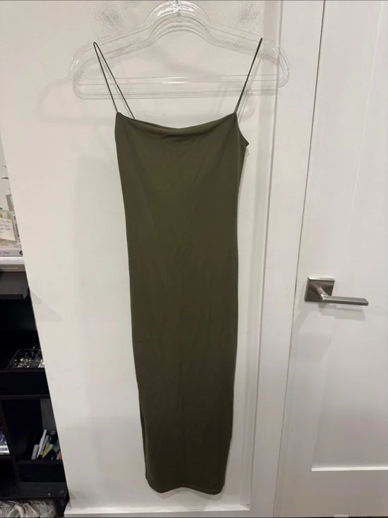 Zara Olive Slip Midi Dress with Spaghetti Straps
