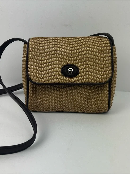 Etienne Aigner Woven Straw Crossbody Bag with Black Trim horseshoe logo