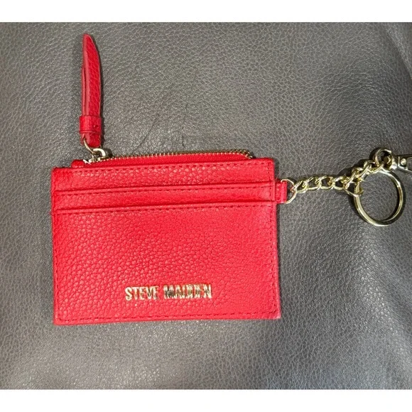 Steve Madden Red Leather Card Holder‎ Wallet Pouch Keychain Zip Coin Purse